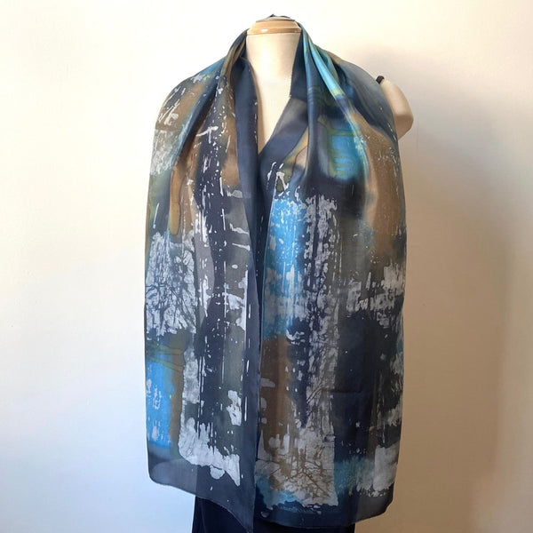 Batik silk scarf in navy, taupe and blue 15"x70"
