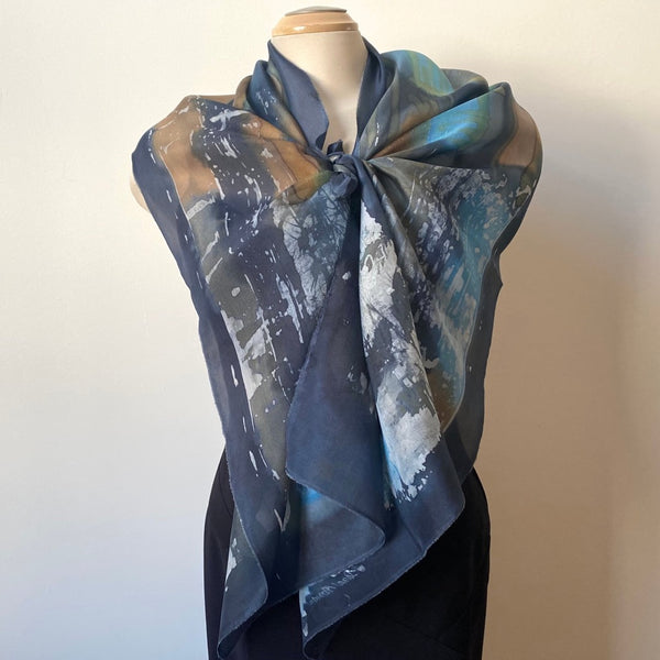 Batik silk scarf in navy, taupe and blue 15"x70"