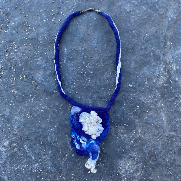 Blue hand felted necklace, designer textile necklace, art to wear