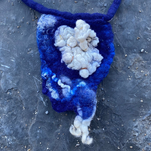 Blue hand felted necklace, designer textile necklace, art to wear