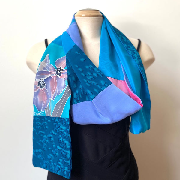Teal handpainted silk scarf, double sided silk crepe de chine