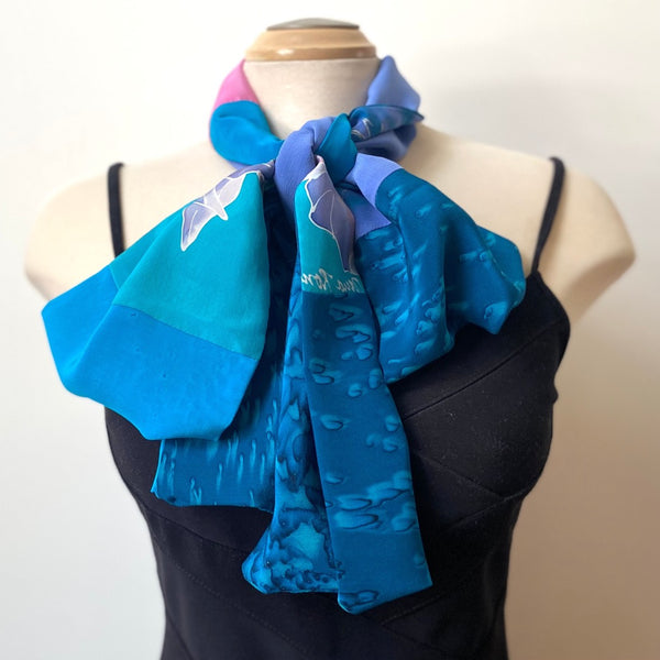Teal handpainted silk scarf, double sided silk crepe de chine