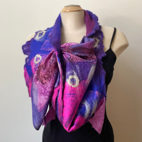 Hand felted and hand painted art shawl, pink and purple