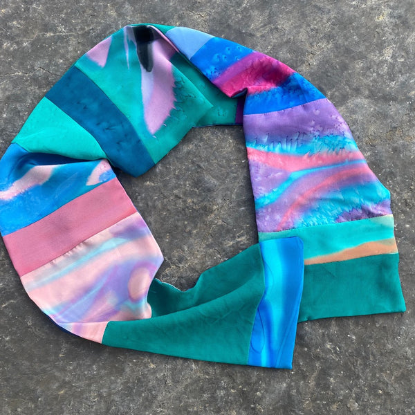 Unisex handpainted silk scarf in bright colours, double sided