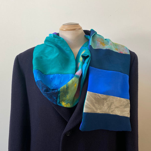 Unisex green and blue designer silk scarf, pieced from upcycled silk