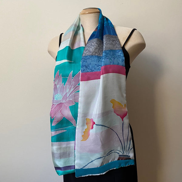 Hand painted silk scarf, collaged from small pieces of silk. Art to wear. Reversible.