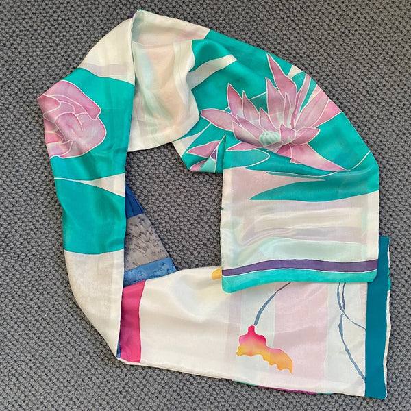 Hand painted silk scarf, collaged from small pieces of silk. Art to wear. Reversible.