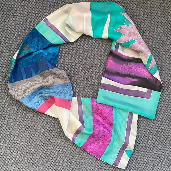 Hand painted silk scarf, collaged from small pieces of silk. Art to wear. Reversible.