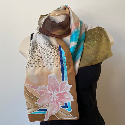 Beige hand painted silk and eco dyed cotton designer scarf with flower, embroidered, one-of-a-kind art to wear