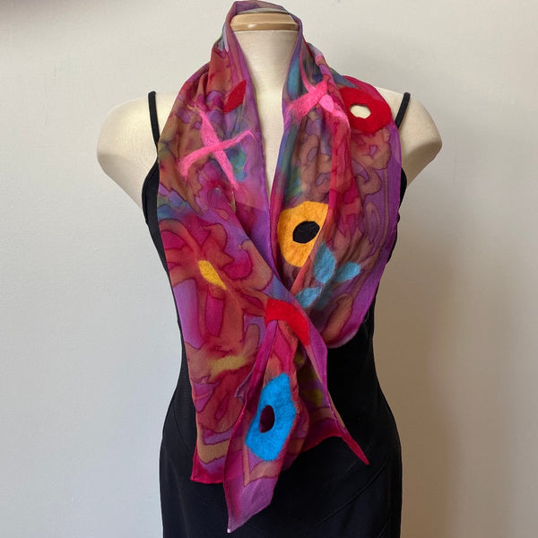 hand painted and hand felted silk scarf in bright colours