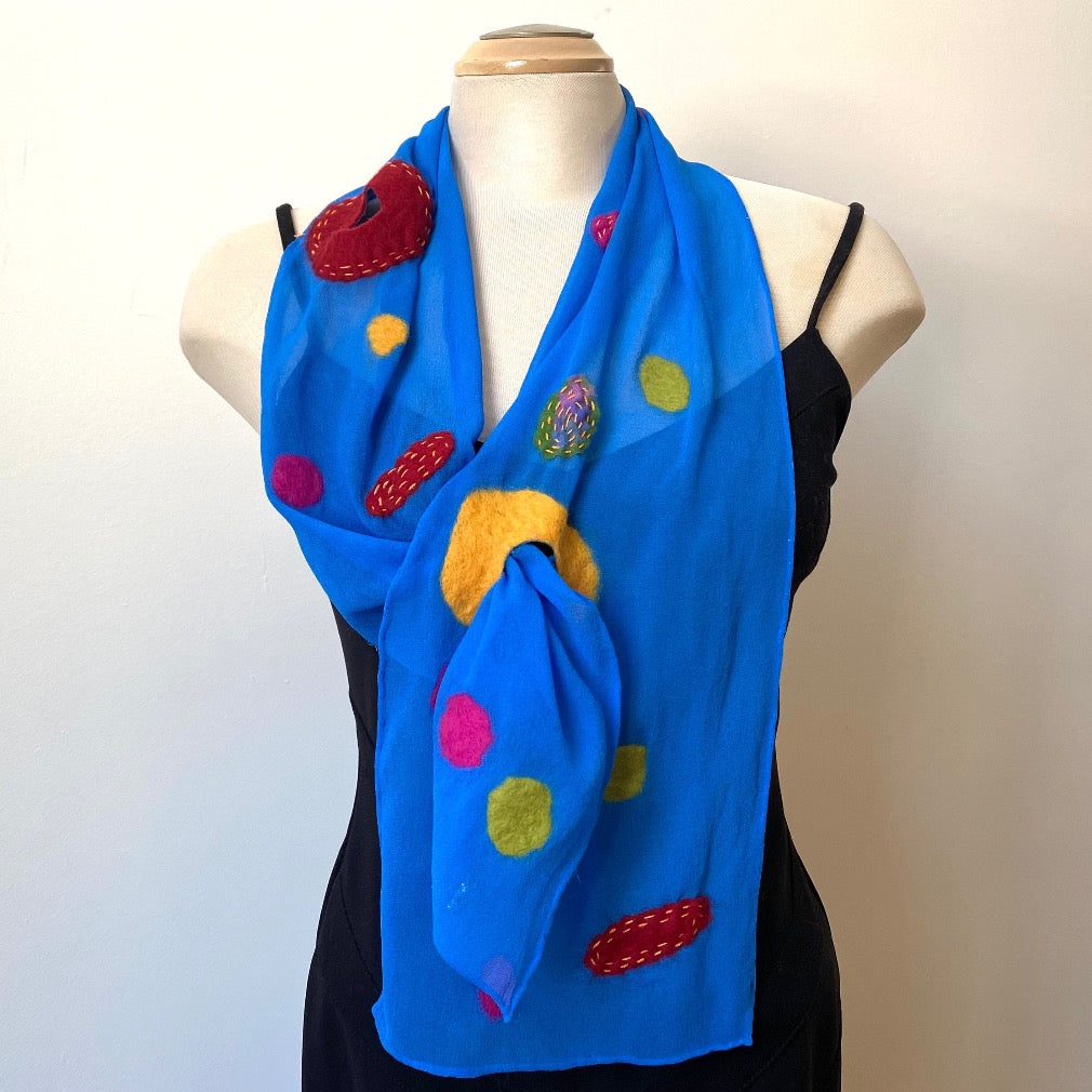 blue nuno felted silk designer scarf, art to wear, one of a kind