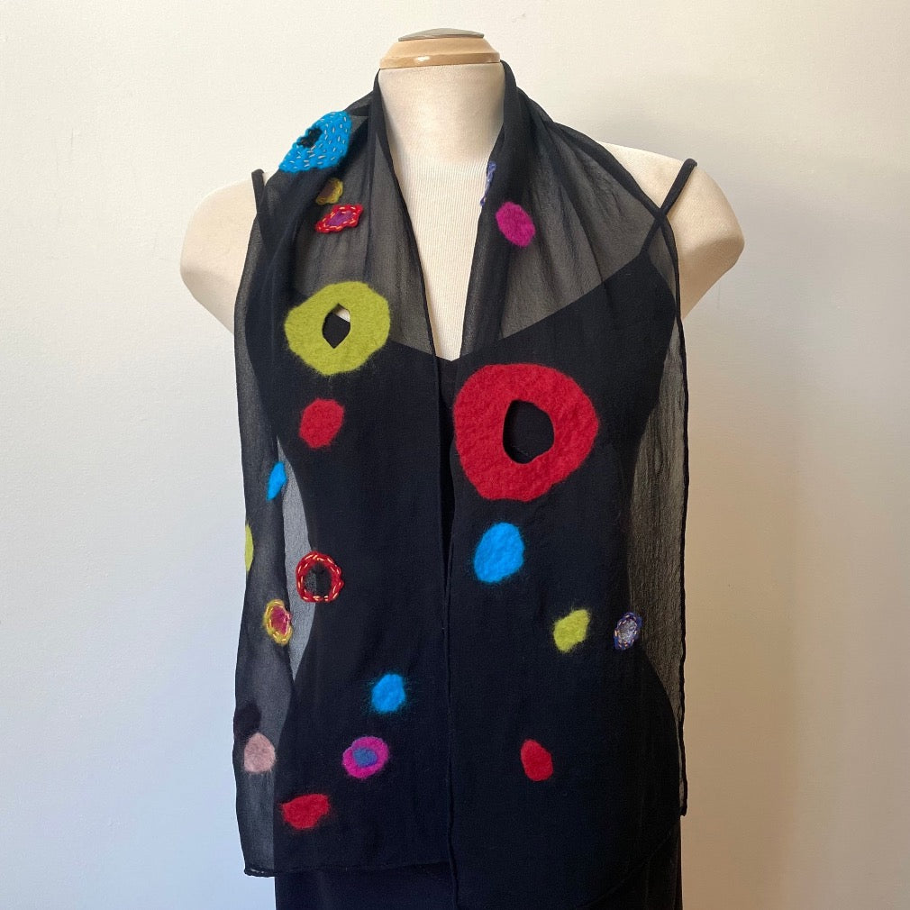 Bright and playful nuno felted scarf, fine on sale merino wool and silk chiffon