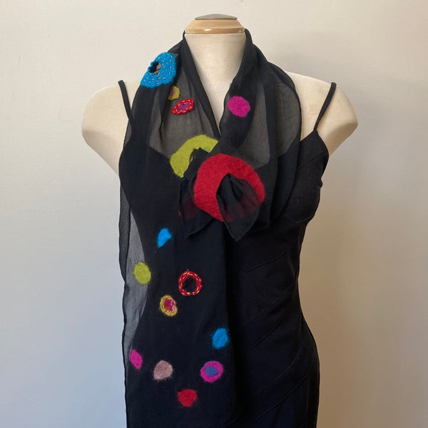 Black nuno felted playful silk chiffon art scarf