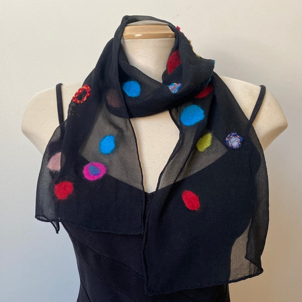 Black nuno felted playful silk chiffon art scarf