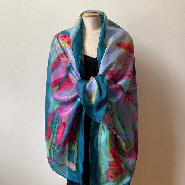 Huge hand painted silk scarf in bright colours