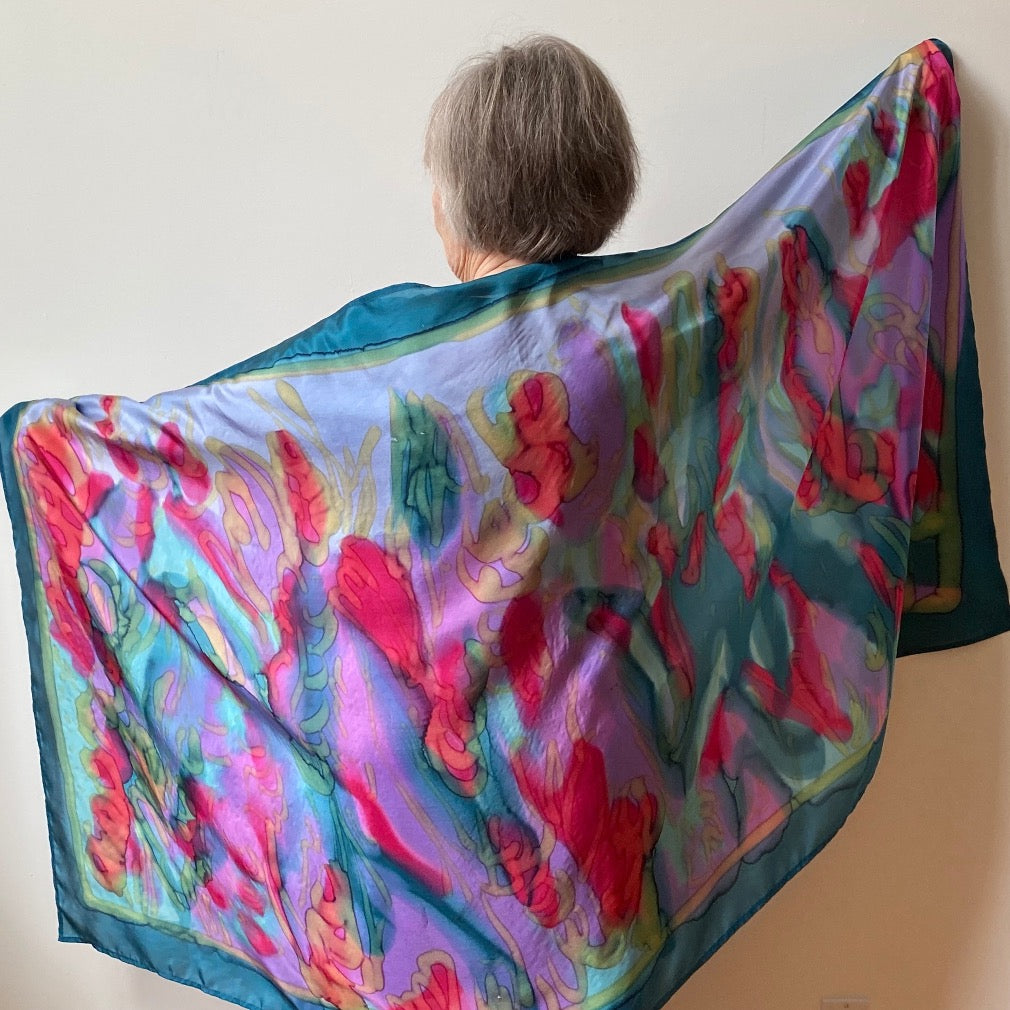 Huge hand painted silk scarf in bright colours