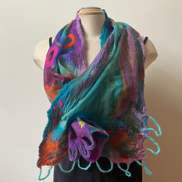 Hand felted silk and merino wool designer art scarf
