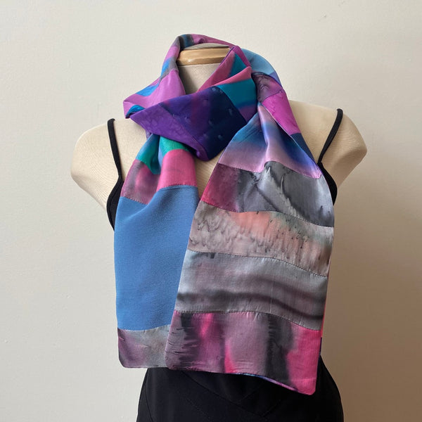 Hand painted silk scarf from upcycled silk pieces