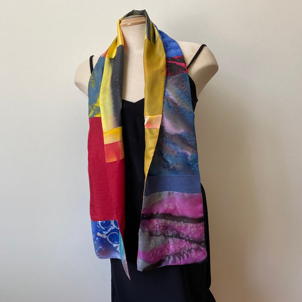 Red, yellow, and blue painted silk shawl, designer art scarf.