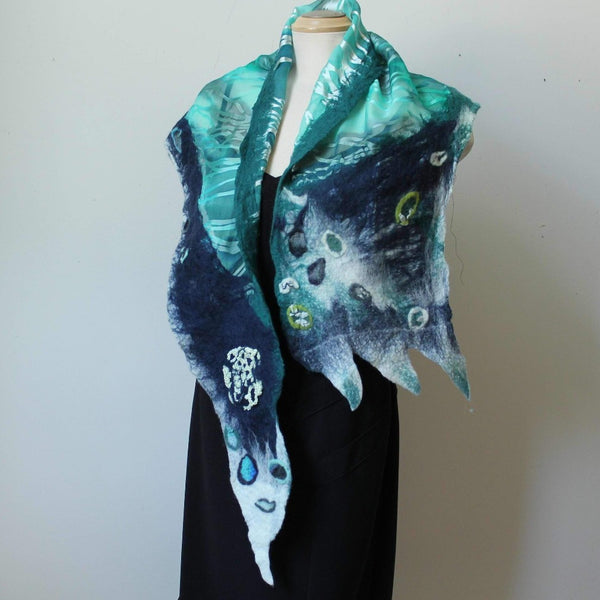 Hand Felted and Hand Painted, Silk and Merino Wool Shawl, Art Scarf