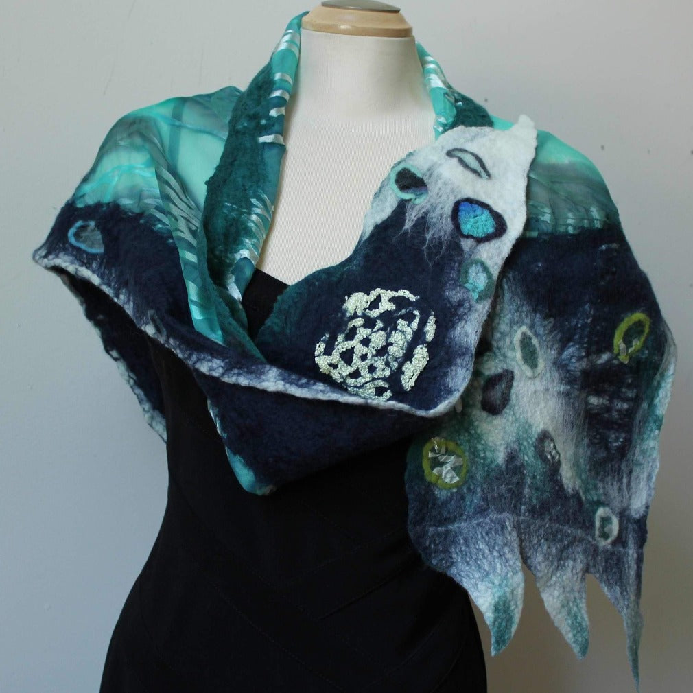 Hand felted and selling hand painted silk and merino wool green art scarf