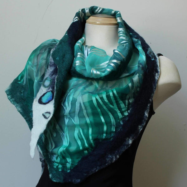 Hand Felted and Hand Painted, Silk and Merino Wool Shawl, Art Scarf