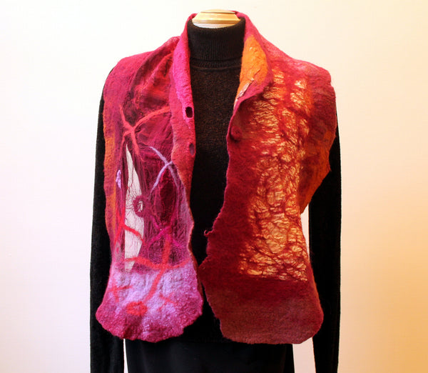 Nuno felted burgundy and orange wool scarf can be worn as a vest, artwear, art to wear, unique scarf, warm wool wrap