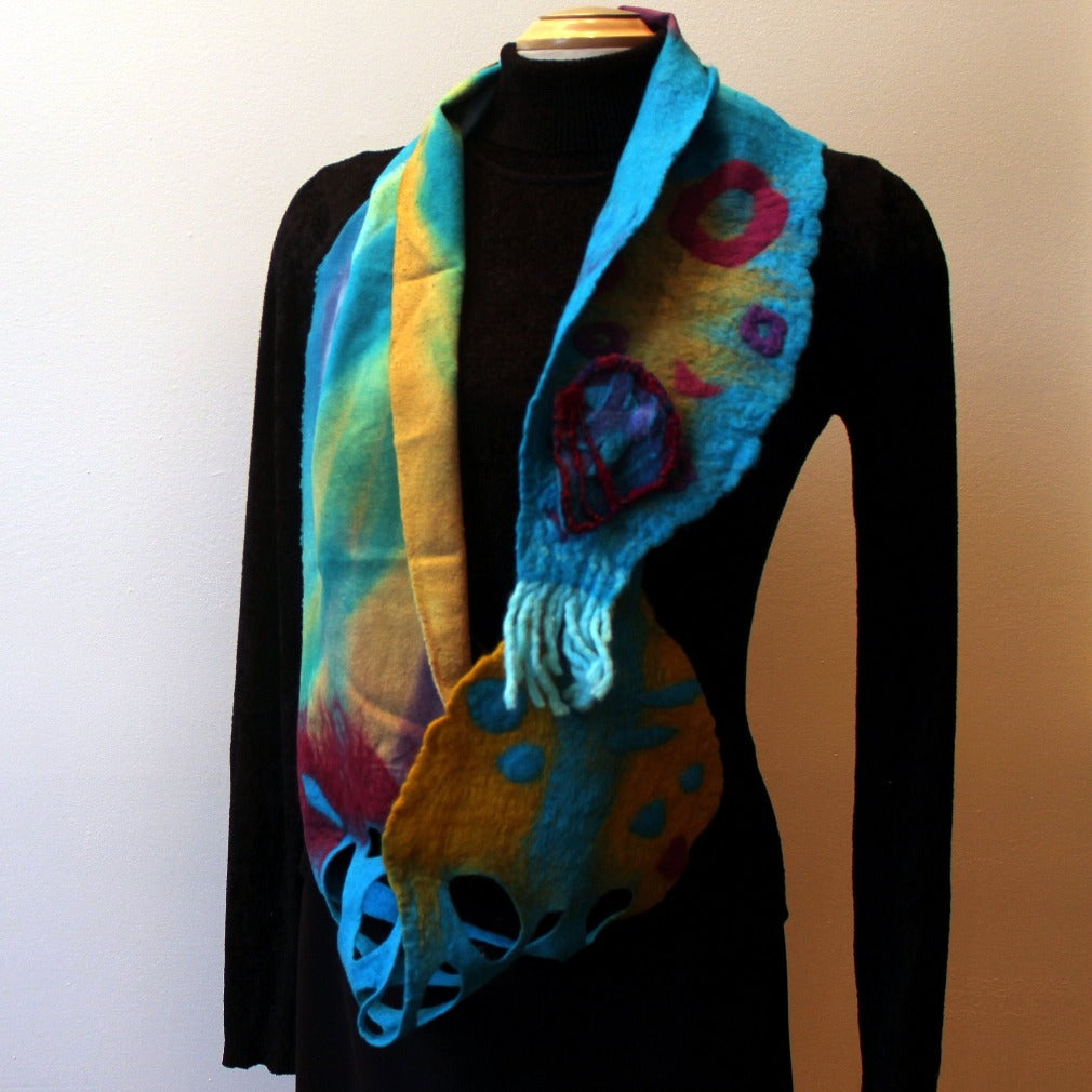 Hand painted wool scarf with an ancient art pattern - Prehistoric online cave-art - Handpainted wool shawl with natural earthy color