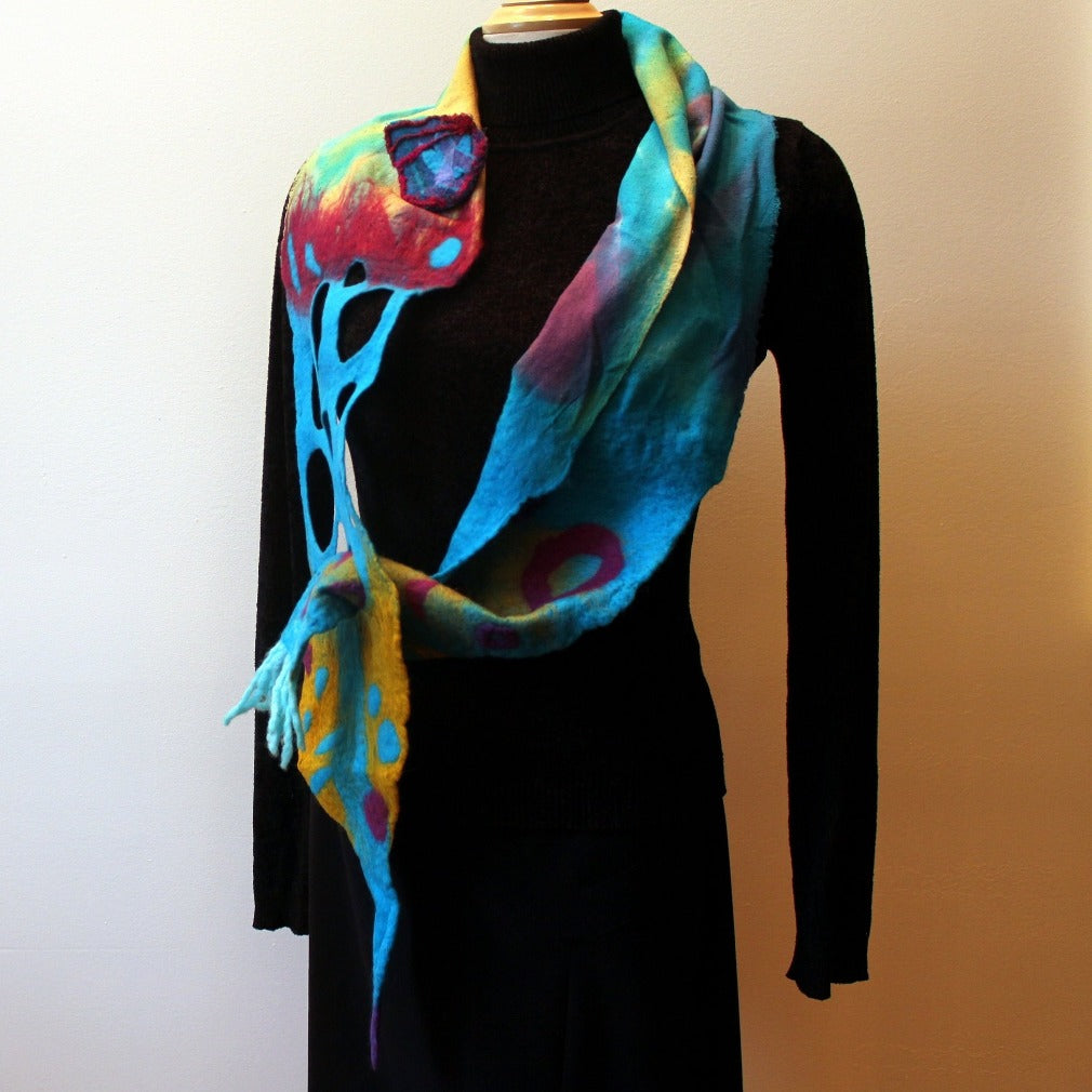 Hand Felted and Hand Painted Silk and Merino Wool Shawl, Art Scarf