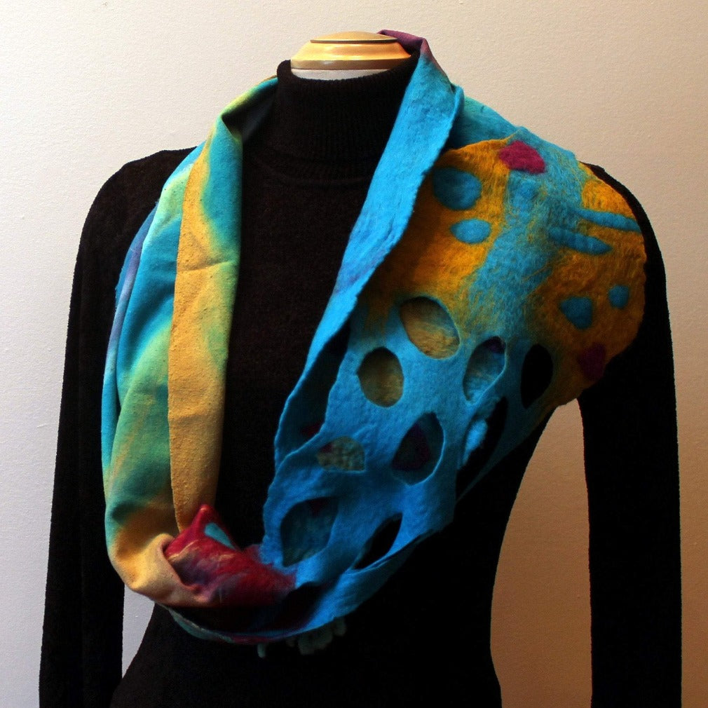 Hand felted nuno Scarf good Shawl merino wool and pure silk wool cape turquoise blue green scarf felted art wool wrap Gift for women