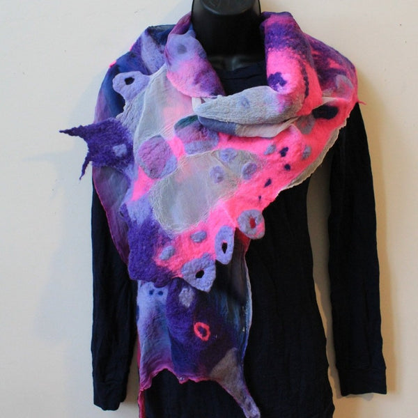 Hand Felted and Hand Painted Silk and Merino Wool Shawl, Art Scarf